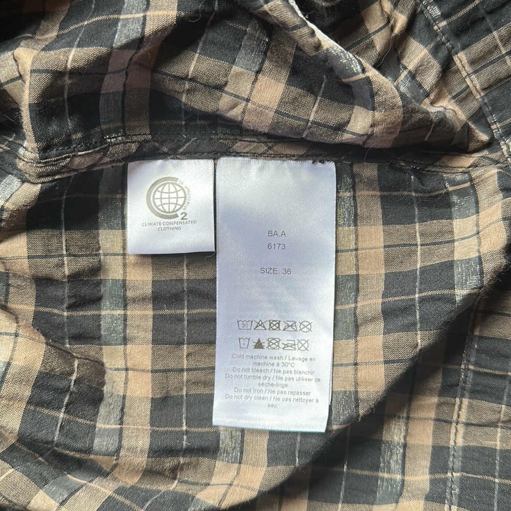 Black and Brown Gingham Plaid Ganni Puff Sleeve Blouse - Picture 4 of 5